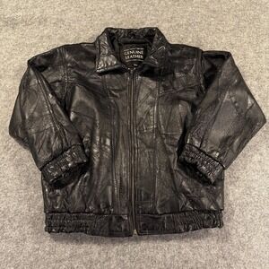 Vintage Italian Stone Design Jacket Womens 14 Black Leather Patchwork Bomber 90s